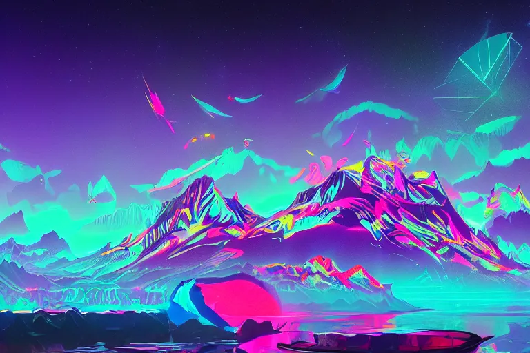 Prompt: wide ((wide)) photo of beautiful Jesse Faden (((dynamic neon lighting)) in chromatic dmt trippy lake with glowing birds, mountains, elegant, highly detailed, sharp focus, illustration, beautiful, geometric, trending on artstation, cinematic, artwork by Tran, Ross and Aivazovsky, Ivan