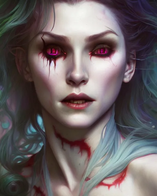 Prompt: portrait of a cute female vampire, bioluminescent, veins, horror, happy, highly detailed, digital painting, cinematic, hyperrealism, dark retrowave, art by stanley lau and artgerm and magali villeneuve and alphonse mucha, artstation, octane render, cgsociety