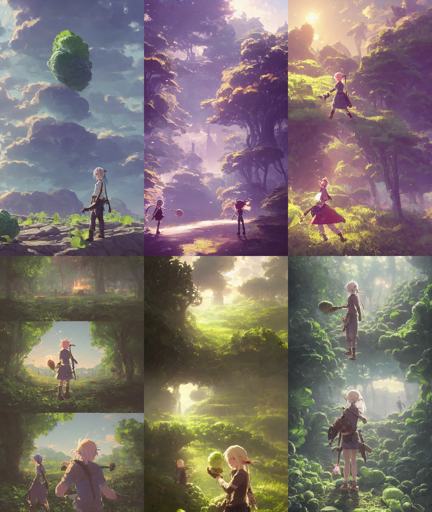 Prompt: photography of a girl sorcerer with white hair put up into a bun, jeans, tshirt, finding a peculiar cabbage. photorealistic, magical atmosphere, by Renato Muccillo, Andreas Rocha, James Gurney, guillaume tholly, Gthl.art, Makoto Shinkai, Miyazaki, Breath of the wild, Simon Stålenhag, studio ghibli. Trending on ArtStation. award winning.