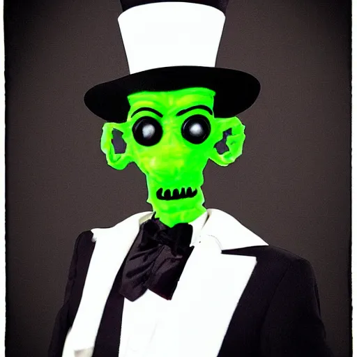 Image similar to tall, skinny, four - armed evil alien voodoo doctor wearing a black neon green tuxedo and top hat