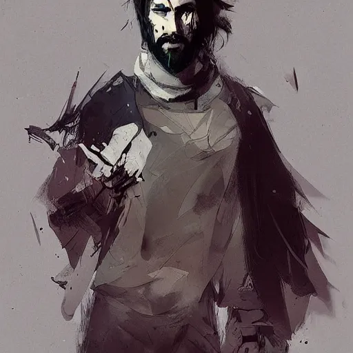 Image similar to human male character art, by Ismail Inceoglu, dark hair, beard, sunken eyes, scars, shabby clothes, digital art, dungeons and dragons, art