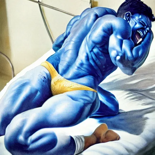 Image similar to photo shot of muscular genie with blue skin covered in oil laughing, posing in bed, morning sunlight, detailed, realistic, in style of j. c. leyendecker