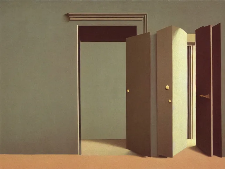 Prompt: an open door to nothingness in brick wall with endless hallway inside, painting by rene magritte, centered, high detail, high resolution