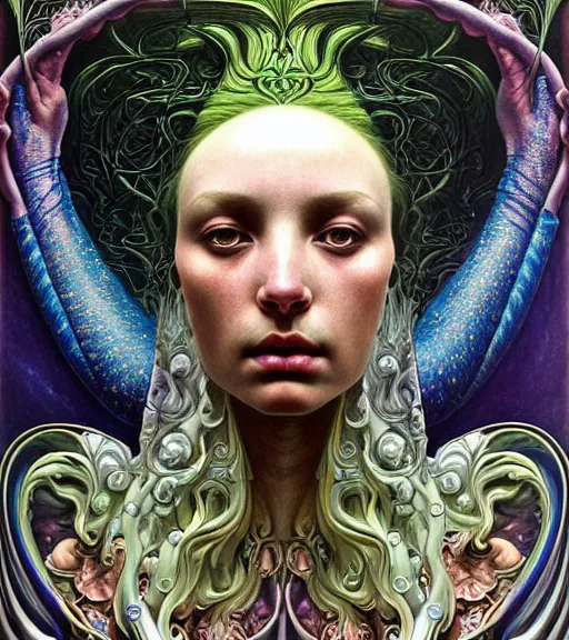 Image similar to detailed realistic beautiful young groovypunk queen of andromeda galaxy in full regal attire. face portrait. art nouveau, symbolist, visionary, baroque, giant fractal details. horizontal symmetry by zdzisław beksinski, iris van herpen, raymond swanland and alphonse mucha. highly detailed, hyper - real, beautiful