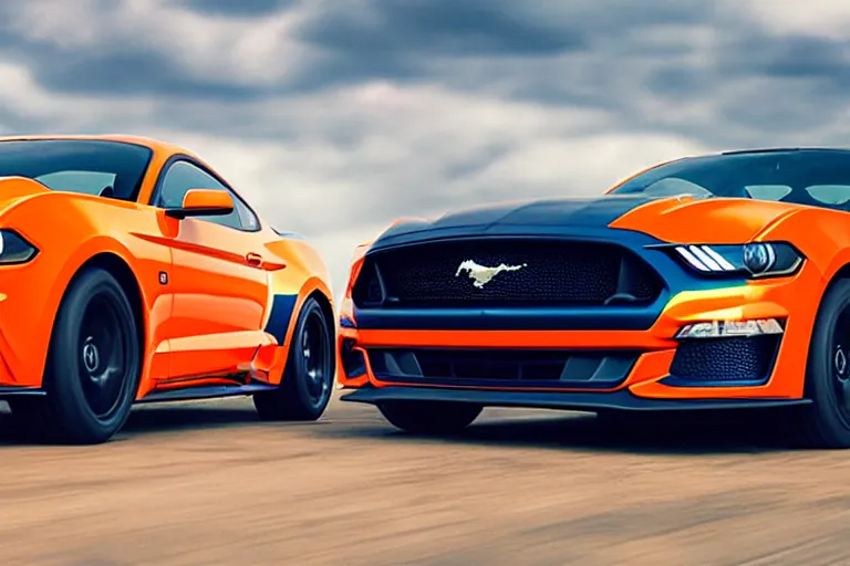 Image similar to a photo hyperrealistic flying bright orange Ford Mustang spaceship