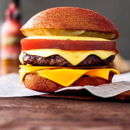 Image similar to perfect bacon cheese burger, award winning food photography, golden hour, holy