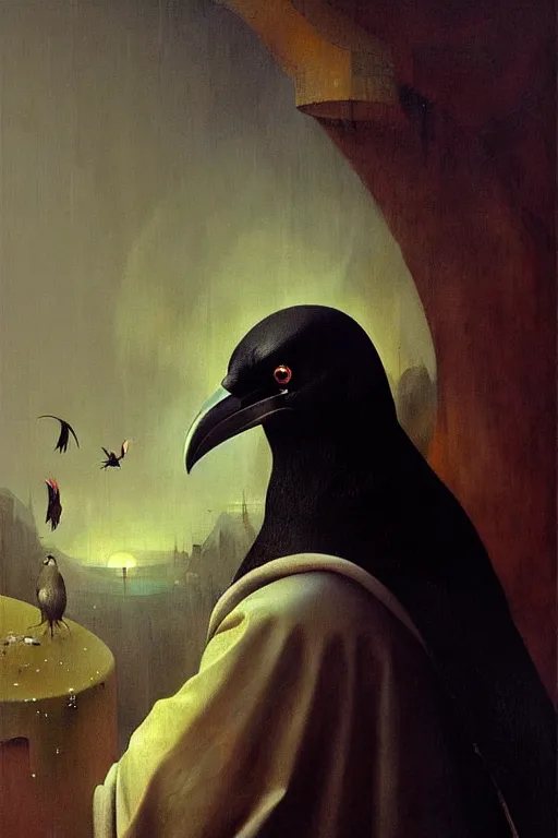 Prompt: hieronymus bosch, greg rutkowski, anna podedworna, painting of rachel roth raven, close up portrait