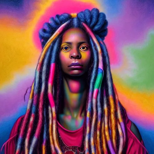 Image similar to a wide angle shot of a black girl with colorful dreadlocks in a field of candy, by Adi granov and afarin sajedi and amanda sage and evgeni gordiets and Agostino Arrivabene and adonna khare in a psychedelic portrait style, ultrarealistic matte painting, volumetric lighting, fractal, extremely symmetrical, highly detailed face, orisha, 8k, hd