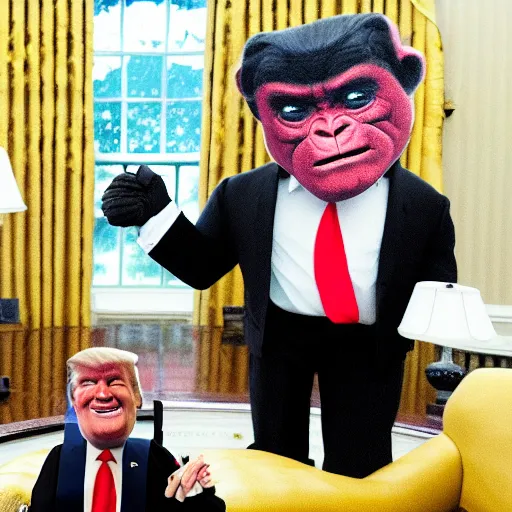 Image similar to professional photograph of a gorilla wearing a suit and donald trump shaking hands in the white house, 8 k, very intricate, very detailed,