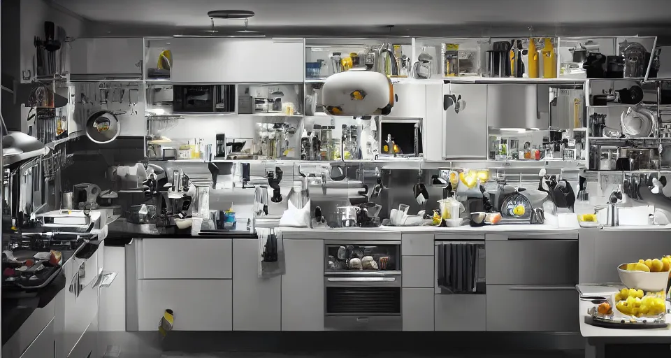 Image similar to IKEA catalogue photo of a cyberpunk kitchen on a spaceship, by Takashi Murakami