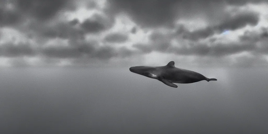 Prompt: a whale swimming in the sky, a dark cloudy day, a shot from skyscrapper, pencil drawing, ultra realistic, dmt, volumetric lighting