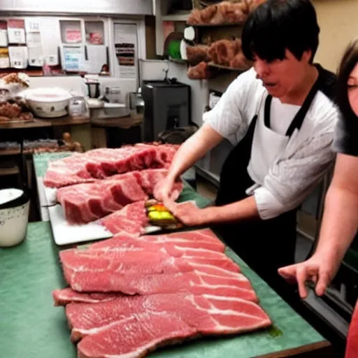 Prompt: angry japanese butcher slices meat next to two cute cats looking at him