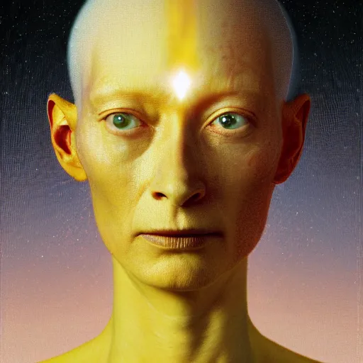 Image similar to Woman masterpiece, Tilda Swinton, bald, multiple halos, blood dripping down the head, yellow, galaxies in the background, golden halo behind her head, wires everywhere, by Edgar Maxence and Ross Tran, Zdzisław Beksiński, and Michael Whelan, gustav dore, H.R. Giger, 8k, octane render