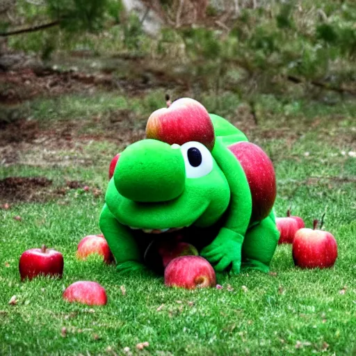 Prompt: yoshi eating a giant pile of apples