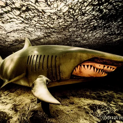 Image similar to abandoned rusty underwater theme park, surreal, horror, eerie, creepy, murky water, underwater, underwater photography, dark, submechanophobia, distant shark,