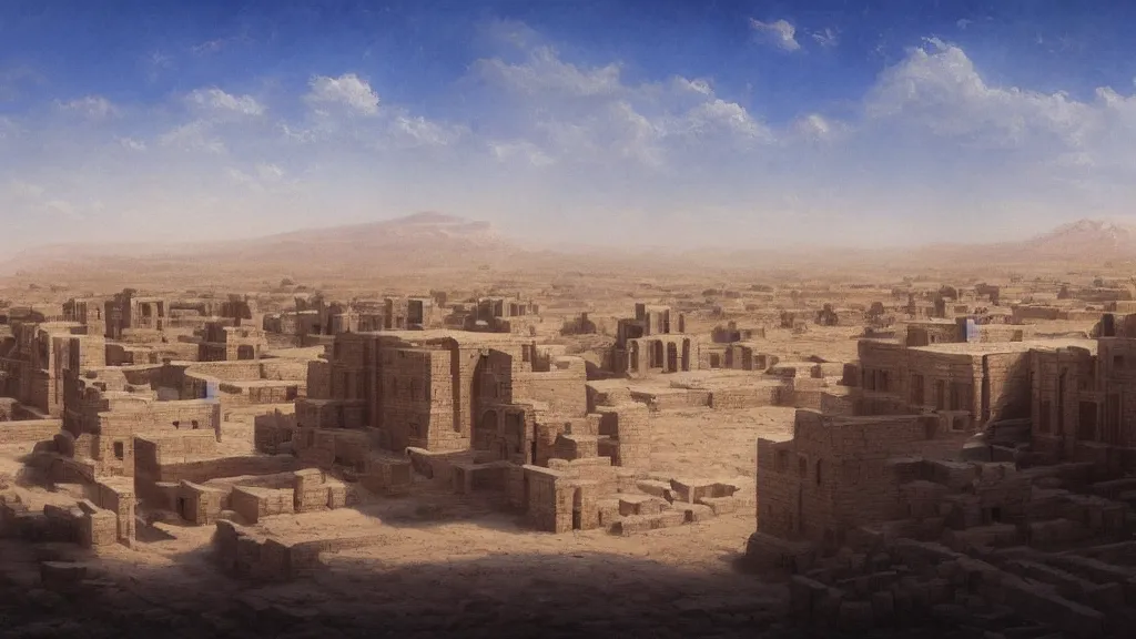 Image similar to Trending on artstation, beautiful ancient Sumerian city, detailed matte painting, oil on canvas