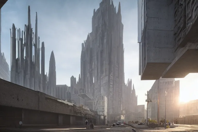 Image similar to streetscape, a towering cathedral of brutalist architecture, buildings covered with greebles, stunning volumetric light, sunset, metal, concrete and translucent material, stunning skies, majestic landscape, trending on Artstation, 8k, photorealistic, hyper detailed, unreal engine 5, IMAX quality, cinematic, epic lighting, in the style of Greg Rutkowski