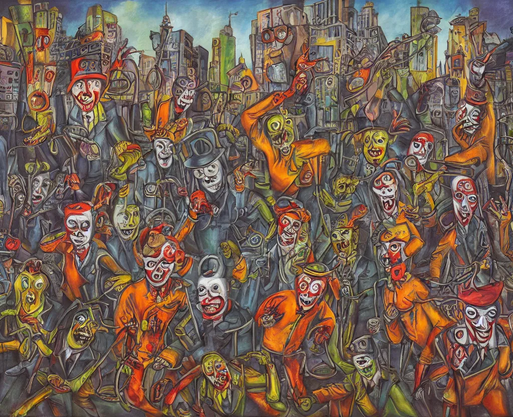 Prompt: a surreal painting of a group of masked clowns chased through a glass and steel metropolis by zombie mimes, saturated color scheme