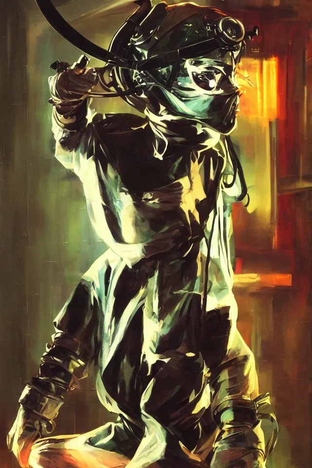 Image similar to androgynous ninja shaman tunic made of latex, radio goggles, techwear, iridiscent light, high key, cinematic lighting at night, wet floors, neon, phil hale, boris vallejo, syd mead, masterpiece