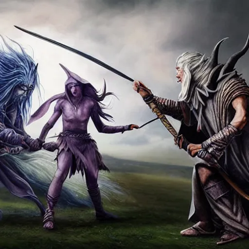 Prompt: Gandalf fighting Sylvanas, photorealistic