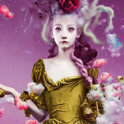 Image similar to 8 k, octane render, realism, tonalism, renaissance, rococo, baroque, portrait of a young - lady wearing long - harajuku manga - dress with flowers! and skulls, background chaotic gold leaf flowers, cotton candy!!