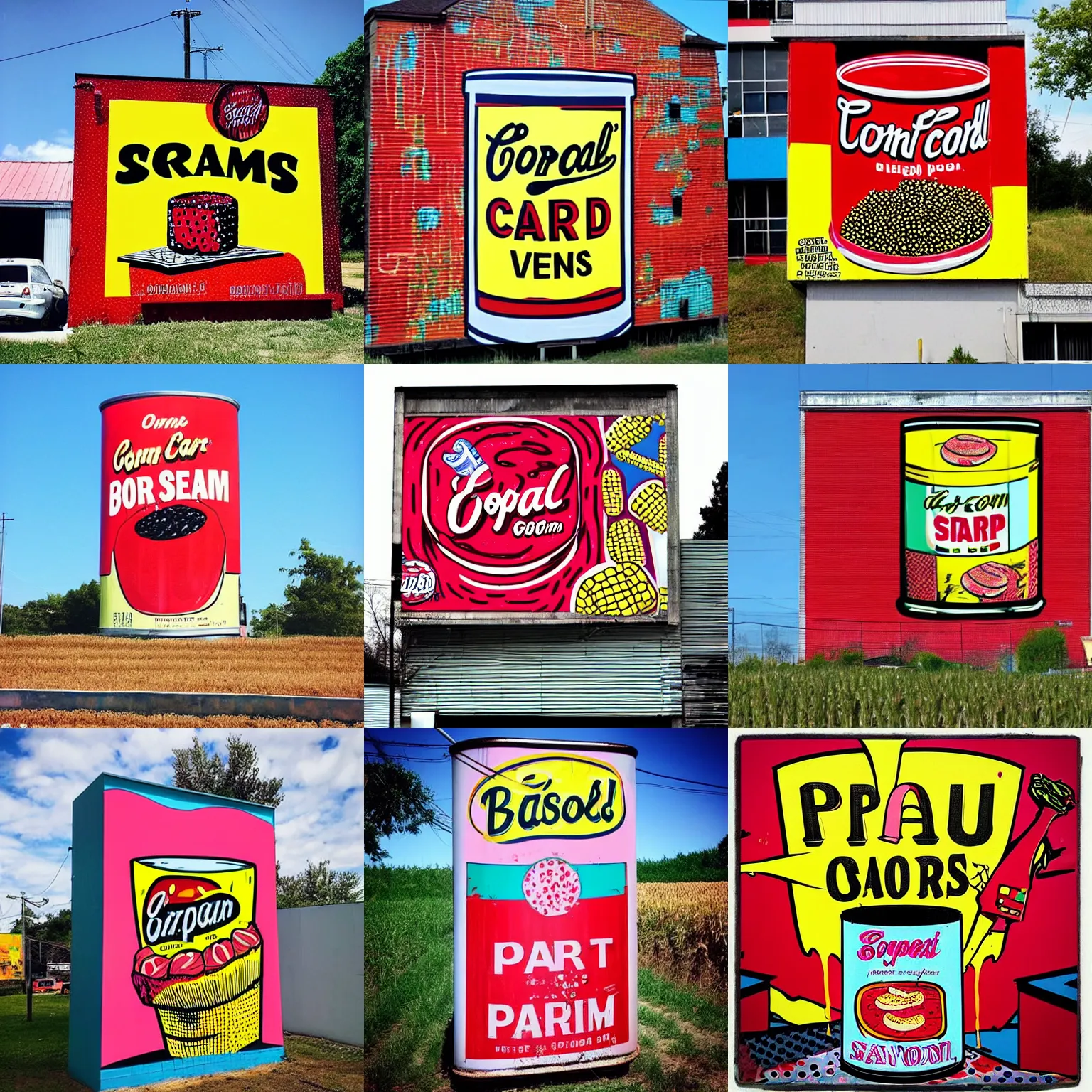  pop art billboard next to a corn field of a can of stable diffusion