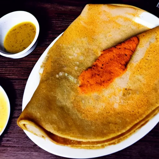 Prompt: an ultrarealistic cyborg eating masala dosa inside a cafe