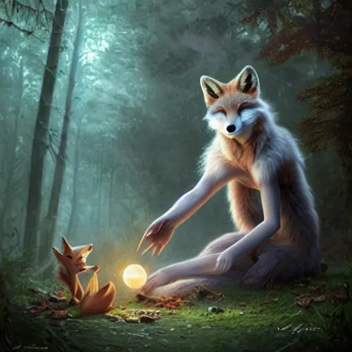 Image similar to an anthromorphic fox as a magic fortune teller holding an orb in an enchanted forest, photorealistic, fantasy art, digital art, by tom bagshaw