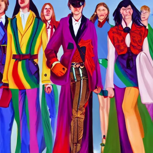 Prompt: 1970 lgbt fashion, gucci catwalk, oil painting, digital art, ultradetailed, artstation