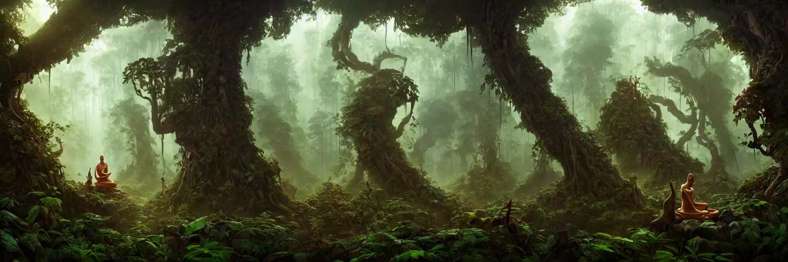 Image similar to Mysterious beautiful Buddhist forest, full of strange creatures and hidden buildings, forgotten ruined temples and ancient stone statues of forbidden sacred gods, jungle vines and fireflies, ayahuasca spirits drifting in the morning light, travellers beneath the giant trees, matte painting by Peter Mohrbacher, featured in artstation, octane render, cinematic, elegant, intricate, 8k