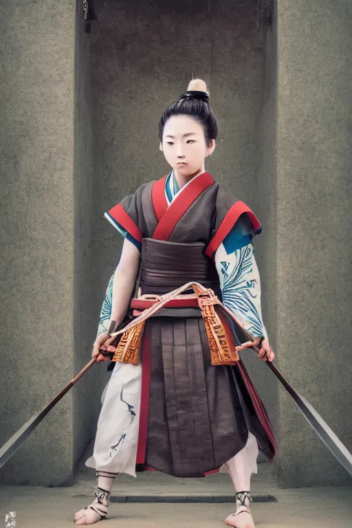 Image similar to highly detailed beautiful photo of a young female samurai, practising sword stances in a temple, symmetrical face, beautiful eyes, realistic anime art style, 8 k, award winning photo, pastels, action photography, 1 / 1 2 5 shutter speed, dramatic lighting