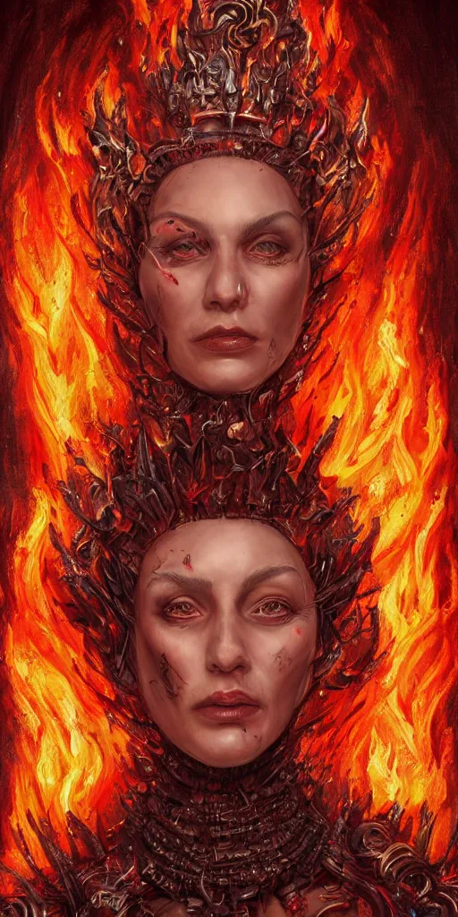 Image similar to Fantasy character portrait of distorted detailed painting of a queen woman made of fire, hyper detailed, red flames, trending on Artstation