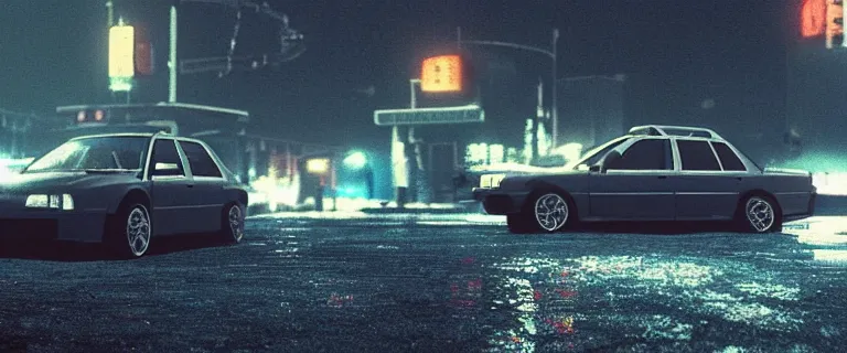 Image similar to Aqua Metallic Audi 80 RS 2 Avant (1995), black car, a gritty neo-noir, dramatic lighting, cinematic, establishing shot, extremely high detail, photorealistic, cinematic lighting, artstation, by simon stalenhag, Max Payne (PC) (2001) winter new york at night, flashing lights, Poets of the Fall - Late Goodbye