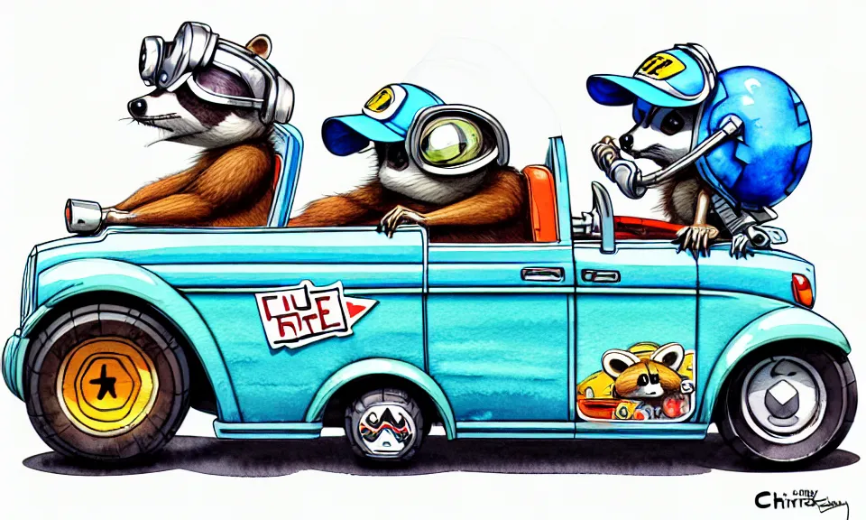 Image similar to cute and funny, racoon wearing a helmet riding in a hot rod with oversized engine, ratfink style by ed roth, centered award winning watercolor pen illustration, isometric illustration by chihiro iwasaki, edited by range murata, tiny details by artgerm and watercolor girl, symmetrically isometrically centered