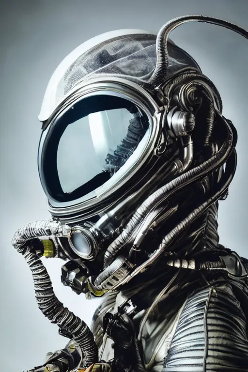 Image similar to extremely detailed studio portrait of space astronaut, alien tentacle protruding from eyes and mouth, slimy tentacle breaking through helmet visor, shattered visor, full body, soft light, disturbing, shocking realization, hyper detailed, award winning photo by eolo perfido