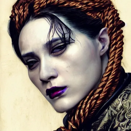 Image similar to portrait of a Shibari rope wrapped face and neck, headshot, insanely nice professional hair style, dramatic hair color, digital painting, of a old 15th century, old cyborg merchant, amber jewels, baroque, ornate clothing, scifi, realistic, hyperdetailed, chiaroscuro, concept art, art by Franz Hals and Jon Foster and Ayami Kojima and Amano and Karol Bak,