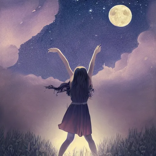 Image similar to breathtaking beautiful mystical illustration of a girl standing in a field of wild flowers gazing up at night sky, stars and milky way and moon, extreme foreshortening, bottom - up perspective, by akageno saru and thomke meyer and julia plath, trending on artstation, ballpoint, ultramarine and white