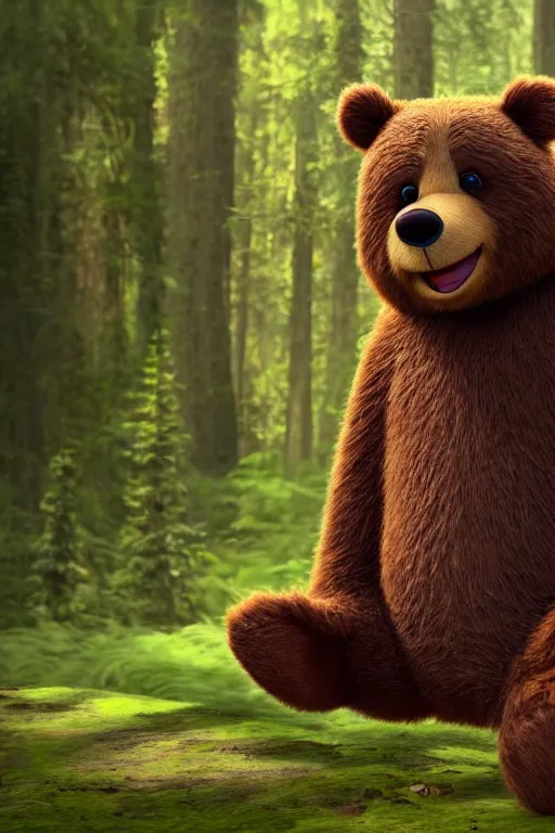 Image similar to cinematic shot of a cute anthropomorphic bear standing in the forest with his hands on his waist by greg rutowski and his face by pixar with a warm smile and big green eyes, full view of bear, anatomically correct body, disney, yogi bear, studio ghibli, 8 k, masterpiece