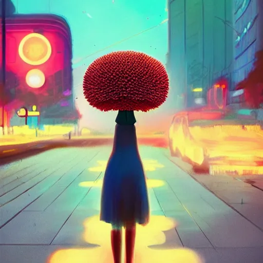 Image similar to giant daisy flower head, woman walking in a modern city, surreal photography, night, neon light, impressionist painting, digital painting, artstation, simon stalenhag