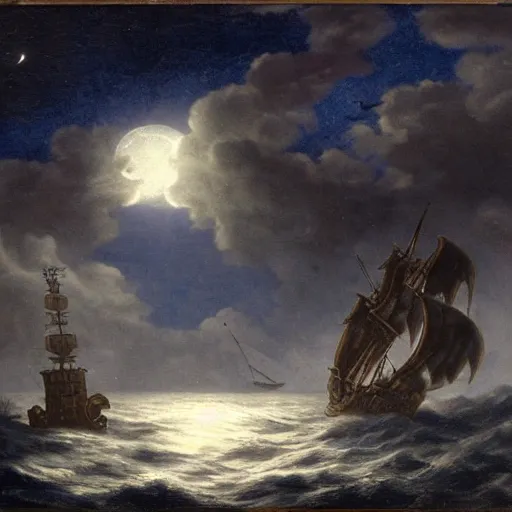 Image similar to moonlit ocean, stars in sky, leviathan attacking pirate ship flying in the sky by peter balke