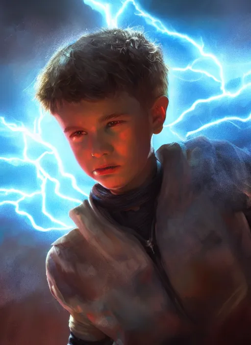 Image similar to An epic fantasy comic book style portrait painting of a young boy surrounded by lightning and power, unreal 5, DAZ, hyperrealistic, octane render, cosplay, RPG portrait, dynamic lighting