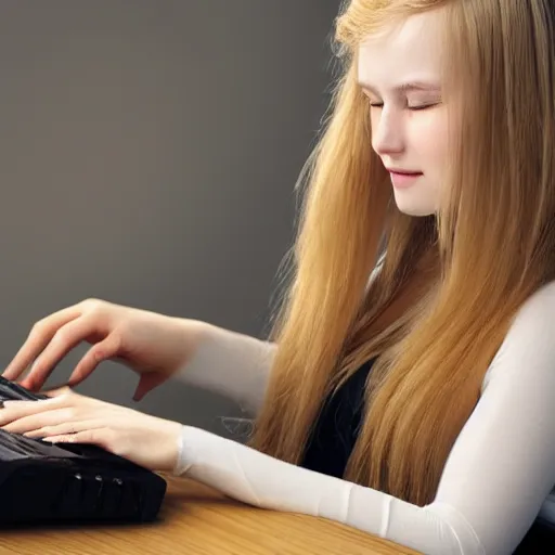 Prompt: russian girl with long blond hair sitting at a keyboard holding a cup of tea, beautiful, hyper realistic