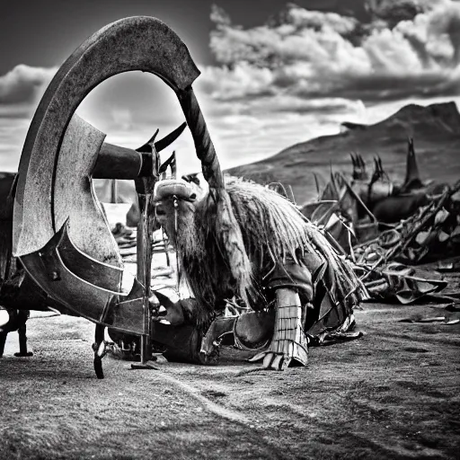 Prompt: viking in war armor working on the flying ancient device, tools and junk on the ground, old village in the distance, vintage old photo, black and white, sepia