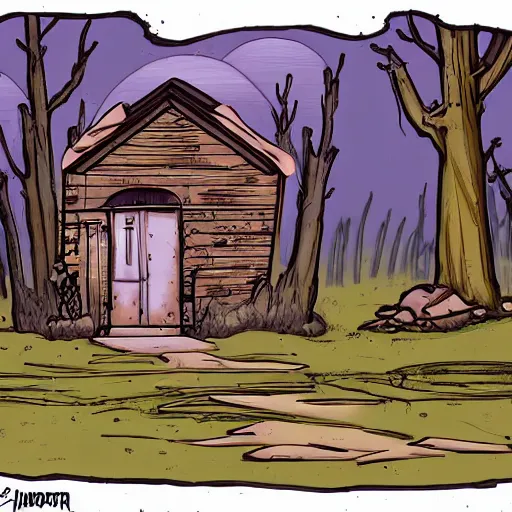 Prompt: a illustration of a Eerie cabin in the middle of the woods in the style of borderlands