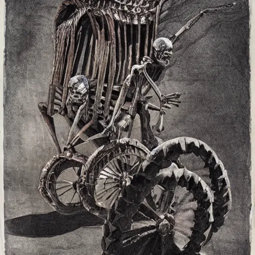 Prompt: the collage features a human figure driving a chariot. the figure is skeletal and frail, with a large head and eyes. the chariot is pulled by two animals, which are also skeletal and frail. pastel violet by antoni gaudi daring