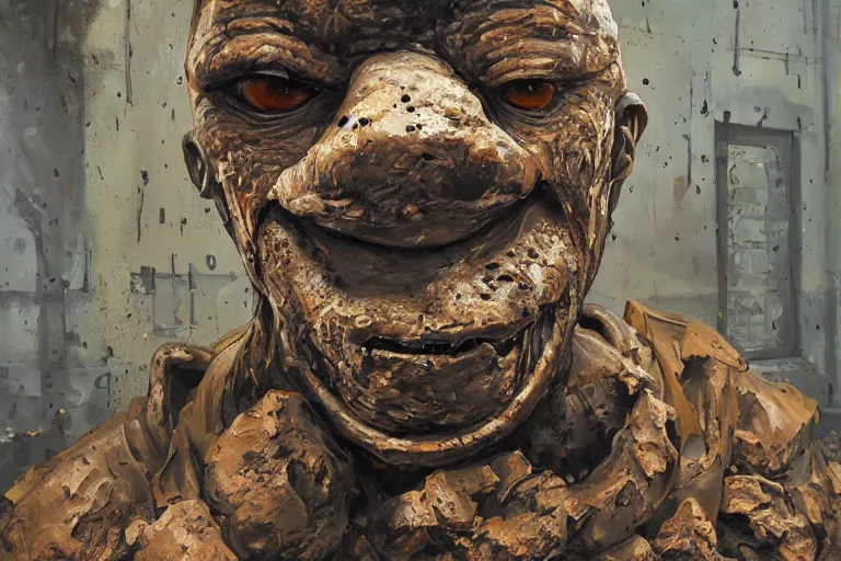 Image similar to palette knife oil painting of a mall security guard turning into a golem of mud and sludge., extreme detail, artstation trending, artgerm, deviant art, octane, substance, art history 8 k