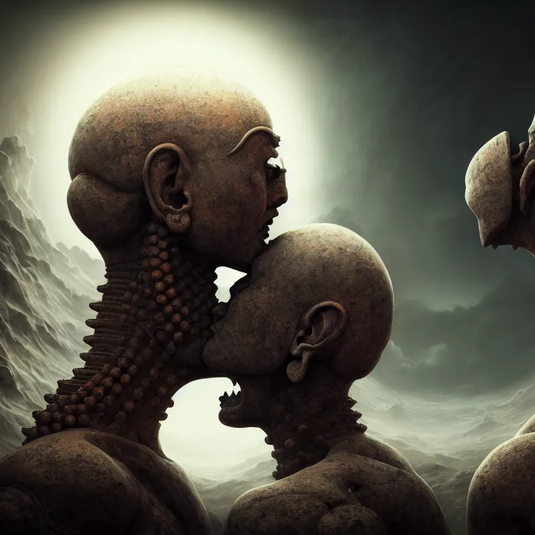 Image similar to portrait of two buddhist demons kissing each other in wastelands on white exoplanet at night, baroque portrait painting, beautiful intricate insanely detailed octane render, artstation, 8 k artistic harsh flash photography, photorealistic, volumetric perfect light, chiaroscuro, raphael, caravaggio, beksinski, rutkowski, giger