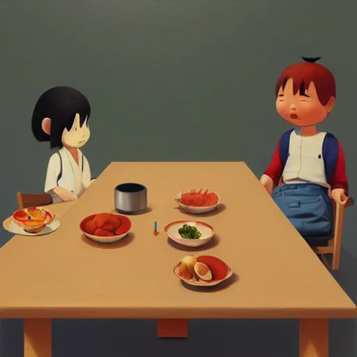 Prompt: goro fujita ilustration a family of four japanese people eating at a square wooden table, painting by goro fujita, sharp focus, highly detailed, artstation