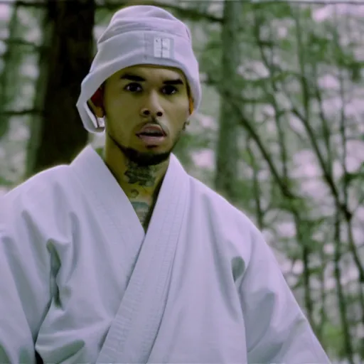 Image similar to cinematic film still of Chris Brown starring as a Japanese Sensei with fire, Japanese CGI, VFX, 2003, 40mm lens, shallow depth of field, film photography