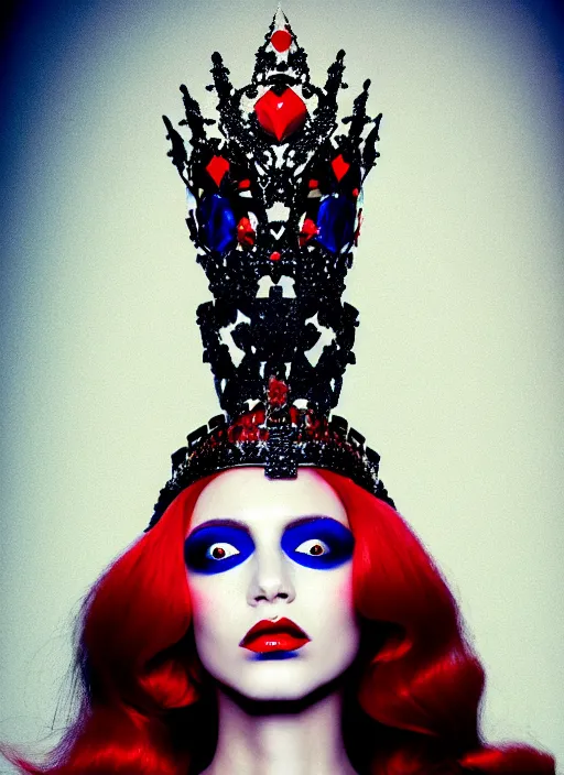 Prompt: a female high fashion model wearing a jeweled face crown, dark eye make - up, red lips, alexander mcqueen, haute couture, artstation, high detail, black, red and blue, by mobius, painterly, 8 0's airbrushed, film still, cinematic composition